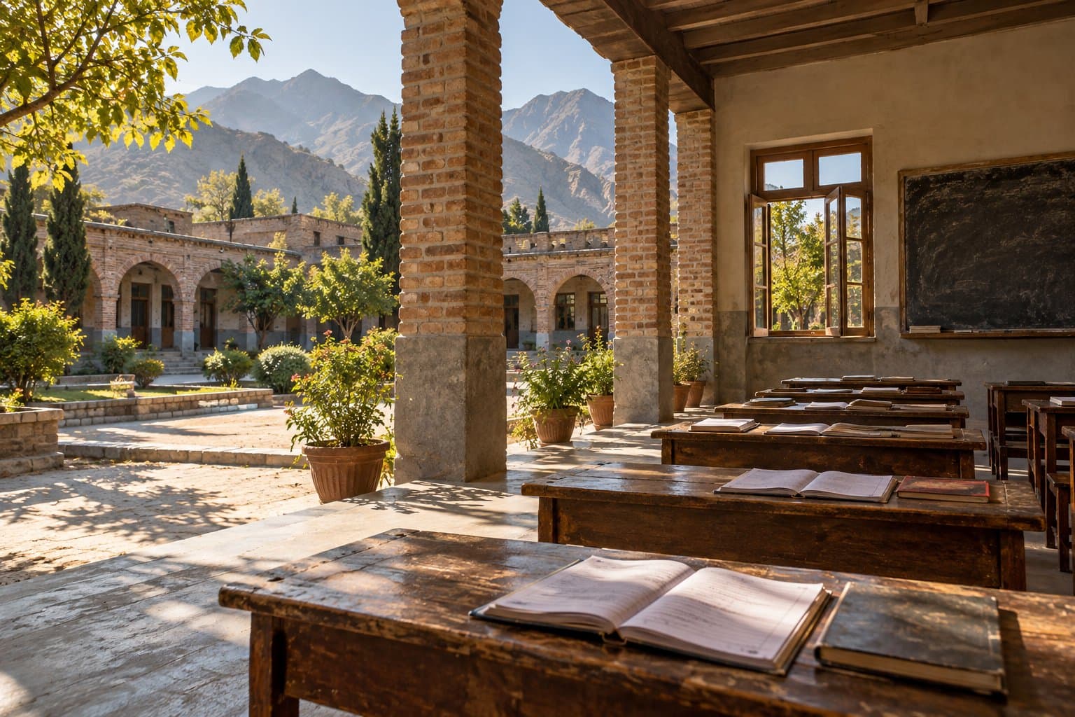 Illustrative Pakistan-inspired school courtyard and classroom, with notebooks and warm morning sunlight